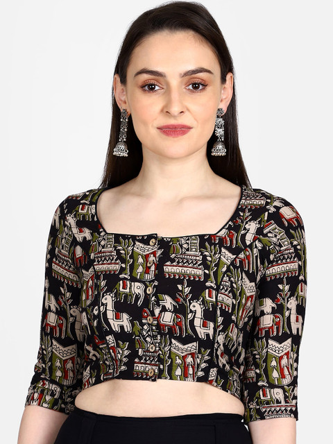 THE WEAVE TRAVELLER Women Black & Beige Kalamkari Hand Block Printed Saree Blouse