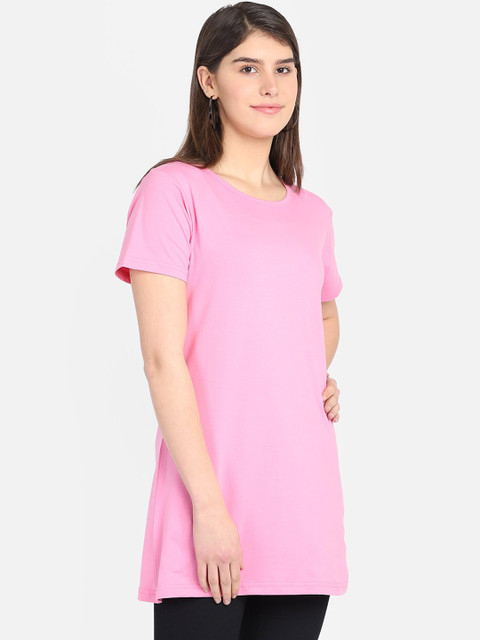 PROTEENS Women Pink Solid Round Neck Plus Size Long T-shirt - Image 3