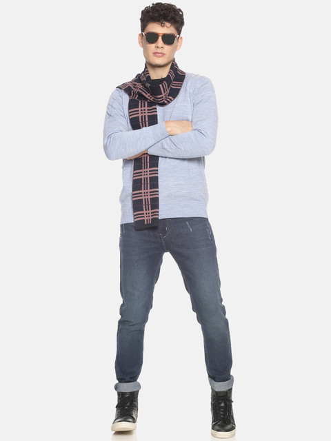 513 Men Navy Blue and Beige Checked Knitted Muffler - Image 4