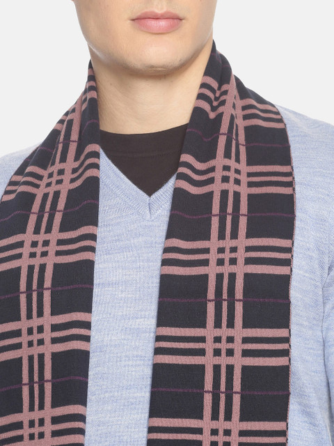 513 Men Navy Blue and Beige Checked Knitted Muffler - Image 2