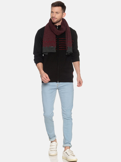513 Men Maroon & Charcoal Grey Woven Design Mufflers - Image 4