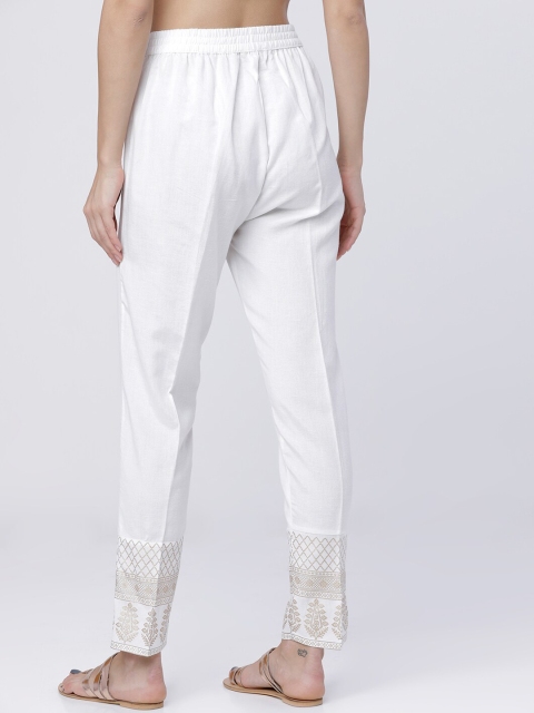 Vishudh Women Off-White Cigarette Trousers With Hem Design - Image 4