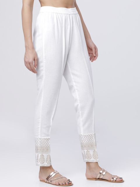 Vishudh Women Off-White Cigarette Trousers With Hem Design - Image 2