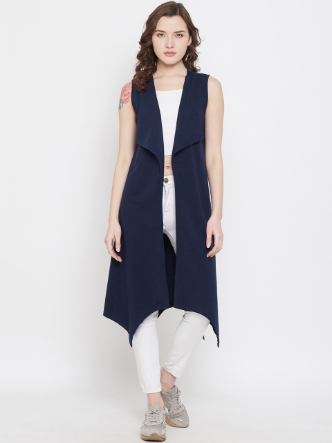 Hypernation Women Navy Blue Solid Open Front Shrug