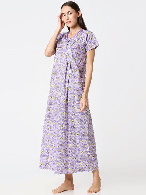 AV2 Purple & Green Printed Maternity Nursing Nighty - Image 3