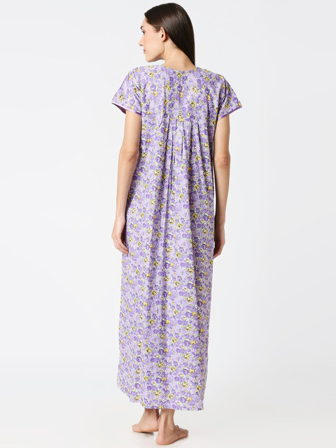 AV2 Purple & Green Printed Maternity Nursing Nighty - Image 4