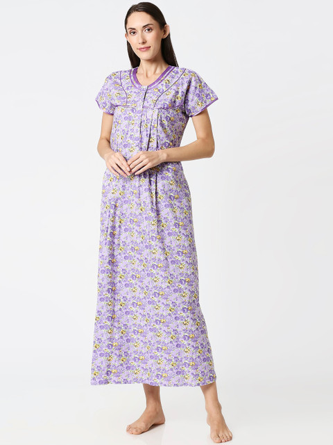 AV2 Purple & Green Printed Maternity Nursing Nighty - Image 5