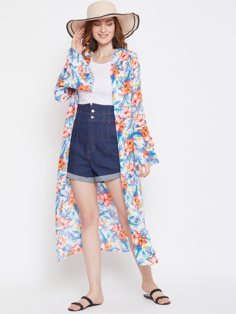 Zastraa Women White & Blue Printed Open Front Longline Shrug - Image 6