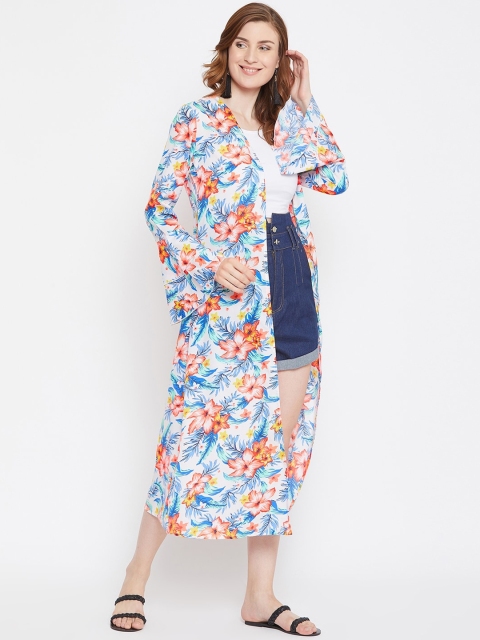 Zastraa Women White & Blue Printed Open Front Longline Shrug - Image 3