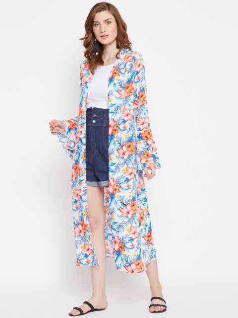 Zastraa Women White & Blue Printed Open Front Longline Shrug - Image 4