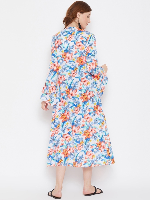 Zastraa Women White & Blue Printed Open Front Longline Shrug - Image 5