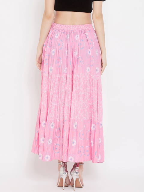 Clora Creation Women Pink & Blue Floral Printed Flared Maxi Tiered Skirt - Image 4