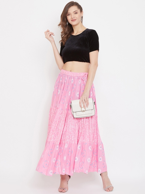 Clora Creation Women Pink & Blue Floral Printed Flared Maxi Tiered Skirt - Image 5