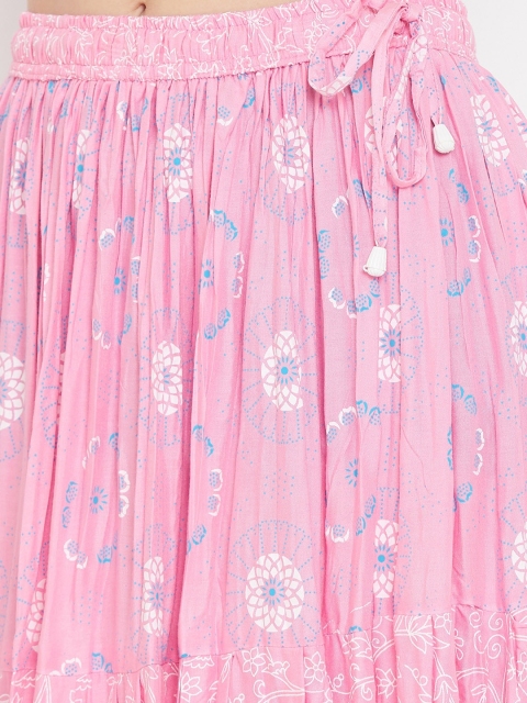 Clora Creation Women Pink & Blue Floral Printed Flared Maxi Tiered Skirt - Image 6