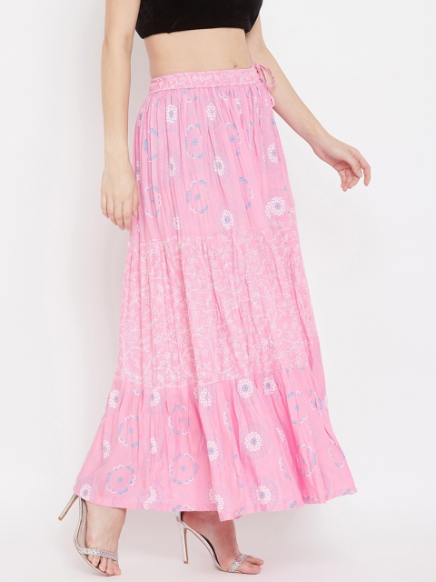 Clora Creation Women Pink & Blue Floral Printed Flared Maxi Tiered Skirt - Image 2