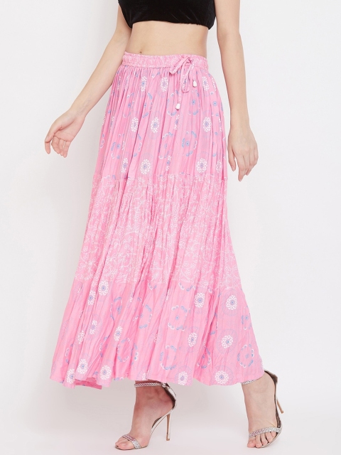Clora Creation Women Pink & Blue Floral Printed Flared Maxi Tiered Skirt - Image 3