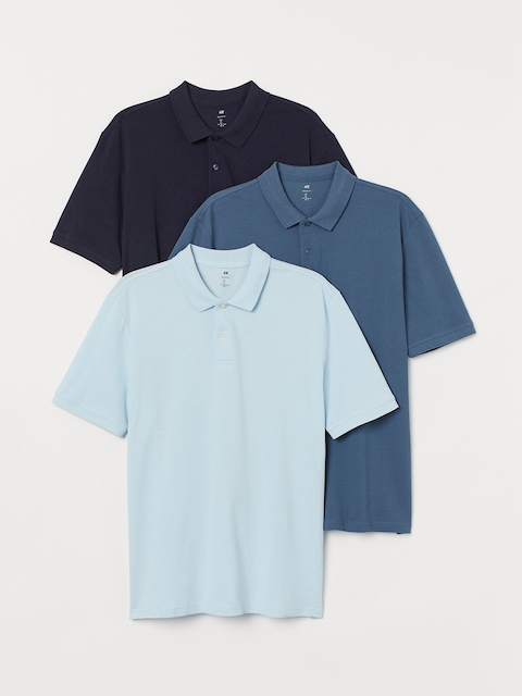 H&M Men Blue Solid 3-pack Regular Fit Polo shirts