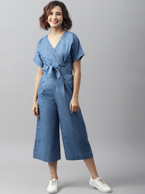 StyleStone Blue Front Knot Culotte Denim Jumpsuit