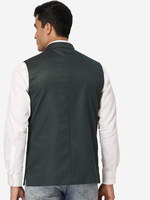 Wintage Men Green Solid Satin Nehru Jacket - Image 4