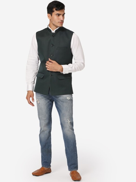 Wintage Men Green Solid Satin Nehru Jacket - Image 5