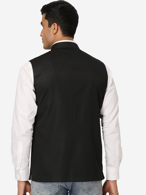 Wintage Men Black Solid Satin Nehru Jacket - Image 4