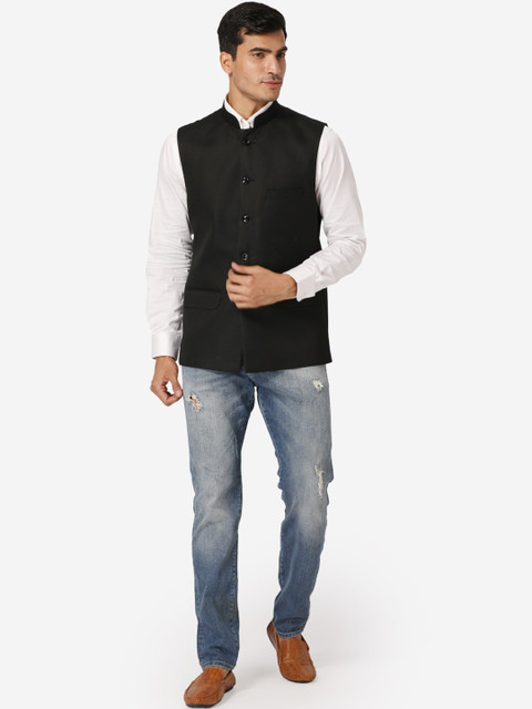 Wintage Men Black Solid Satin Nehru Jacket - Image 5