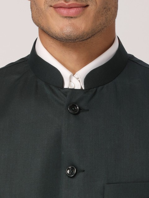 Wintage Men Green Solid Satin Nehru Jacket - Image 2