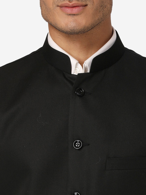 Wintage Men Black Solid Satin Nehru Jacket - Image 2