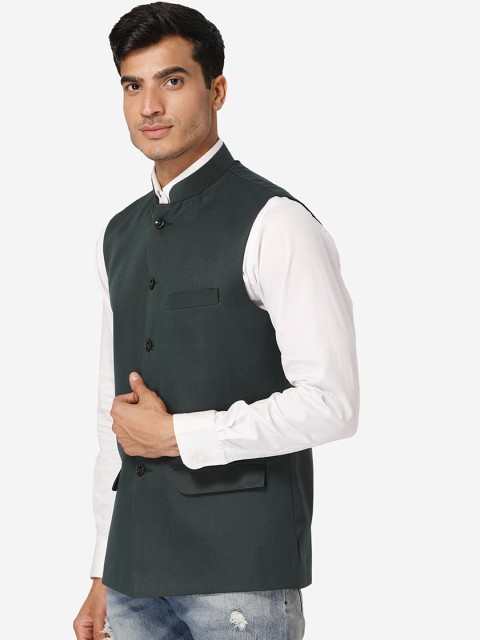 Wintage Men Green Solid Satin Nehru Jacket - Image 3