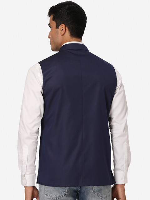 Wintage Men Navy Blue Solid Satin Nehru Jacket - Image 4