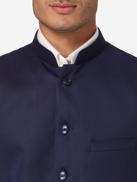 Wintage Men Navy Blue Solid Satin Nehru Jacket - Image 2