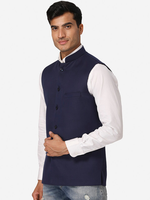 Wintage Men Navy Blue Solid Satin Nehru Jacket - Image 3