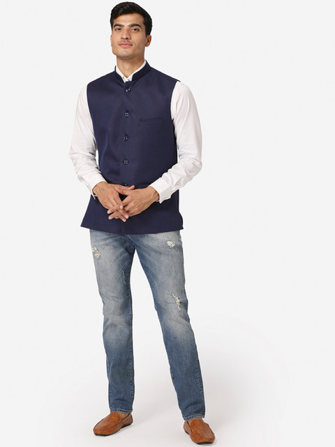 Wintage Men Navy Blue Solid Satin Nehru Jacket - Image 5