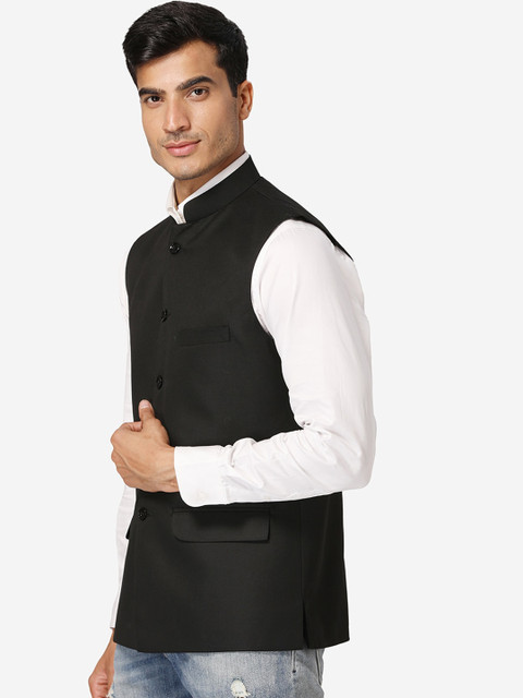 Wintage Men Black Solid Satin Nehru Jacket - Image 3