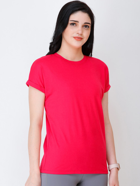 SCORPIUS Women Magenta Solid Round Neck T-shirt - Image 3