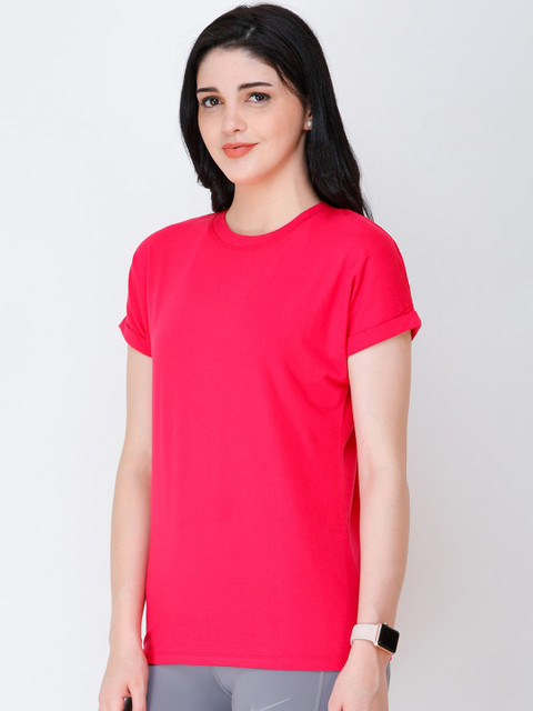 SCORPIUS Women Magenta Solid Round Neck T-shirt - Image 4