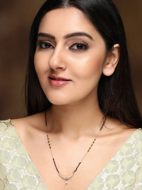 Rubans 18K Gold Plated AD & CZ Studded with Gold & Black Beads Mangalsutra Necklace