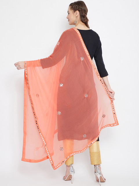 Clora Creation Peach-Coloured & Silver-Toned Embroidered Dupatta - Image 4