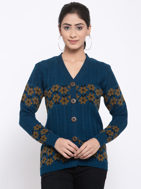 Kalt Women Blue Self Design Cardigan Sweater
