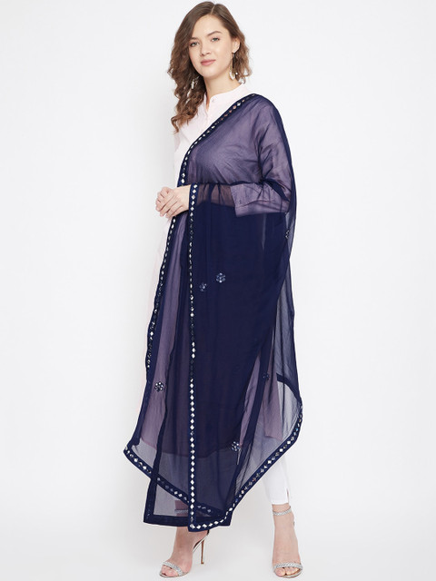 Clora Creation Navy Blue & Silver-Toned Solid Dupatta - Image 3