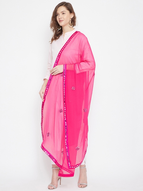 Clora Creation Magenta & Silver-Toned Solid Mirror Ornamented Dupatta - Image 3