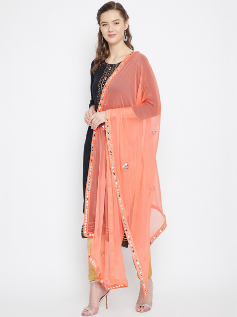 Clora Creation Peach-Coloured & Silver-Toned Embroidered Dupatta - Image 3