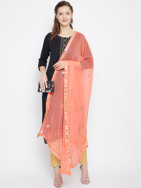 Clora Creation Peach-Coloured & Silver-Toned Embroidered Dupatta - Image 5
