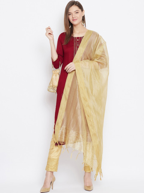 Clora Creation Beige & Gold-Toned Striped Dupatta - Image 5