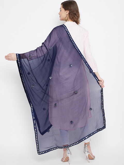 Clora Creation Navy Blue & Silver-Toned Solid Dupatta - Image 4
