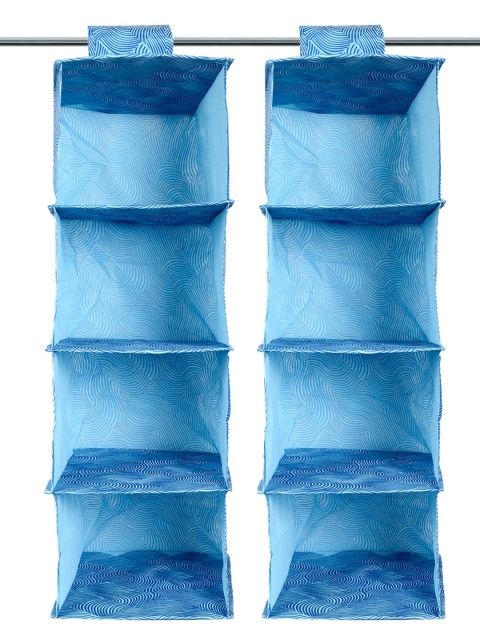 Kuber Industries Set of 2 4 Shelf Blue Printed Foldable Wardrobe Cloth Organizer