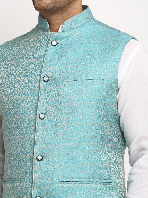 TREEMODA Men Turquoise Blue Embellished Woven Nehru Jacket - Image 2
