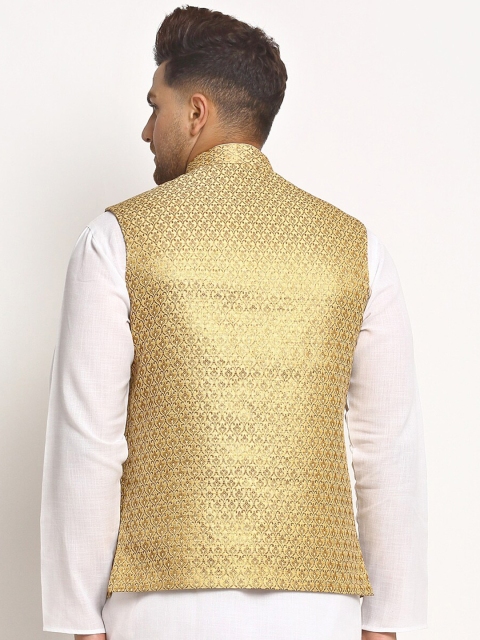 TREEMODA Men Gold Coloured Embellished Woven Nehru Jacket - Image 4