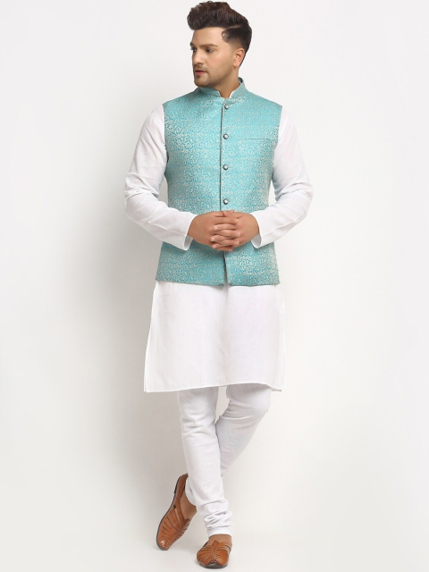 TREEMODA Men Turquoise Blue Embellished Woven Nehru Jacket - Image 5
