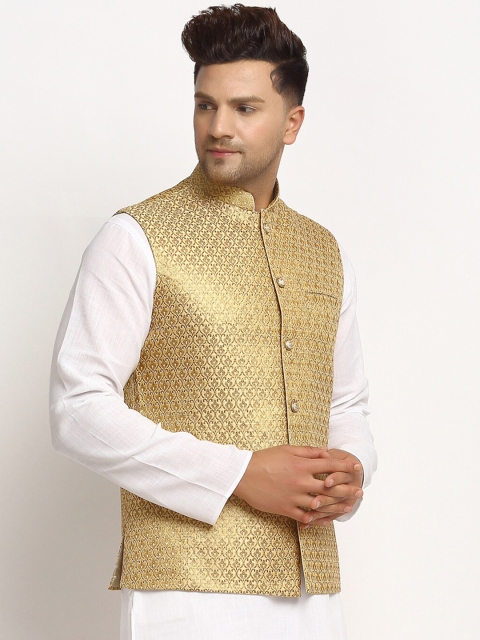 TREEMODA Men Gold Coloured Embellished Woven Nehru Jacket - Image 3